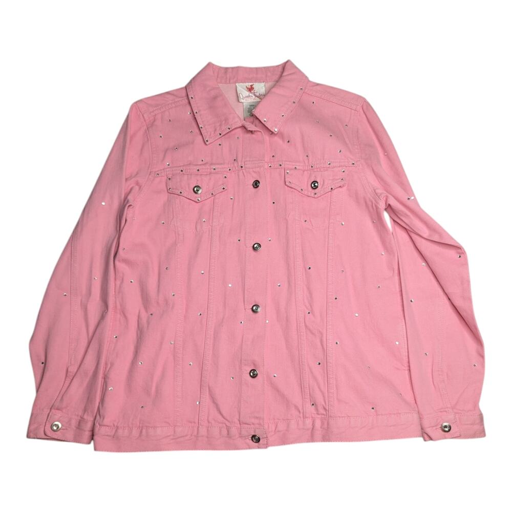 Vtg Y2K Quacker Factory Pink Rhinestone Embellished Cotton Denim Jacket S